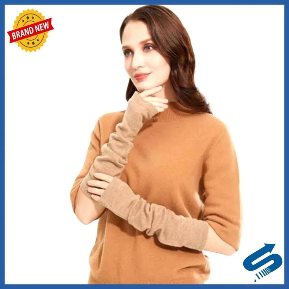 100% Cashmere Fingerless Arm Warmers Long Gloves with Thumb Hole